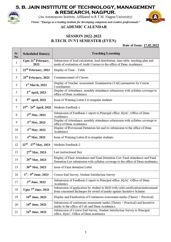 ACADEMIC CALENDAR – S. B. Jain Institute Of Technology, Management And ...